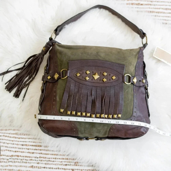 NWT! MICHAEL KORS COLLEGIATE STUDDED BROWN LEATHER OLIVE GREEN SUEDE BAG - Picture 8 of 15